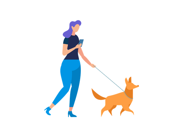 Girl Walking with Dog Illustration