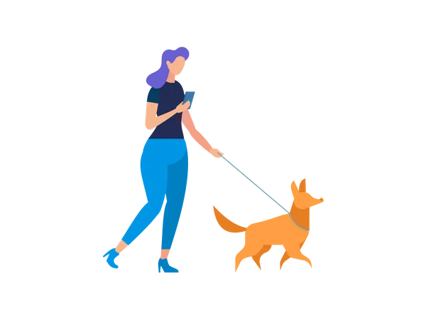 Girl Walking with Dog Illustration