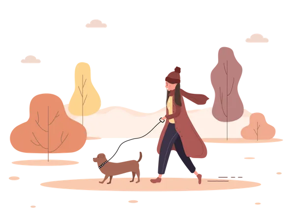 Autumn Background Young Woman Walks With Dog Through The Woods Concept Happy Girl In Brown Coat With Dachshund Or Poodle Vector Illustration In Flat Style Illustration