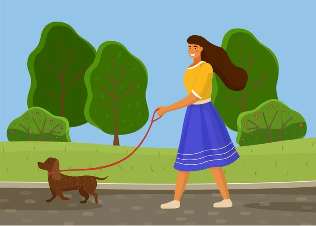 Girl Walking with dog Illustration