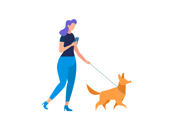 Girl Walking with Dog  Illustration