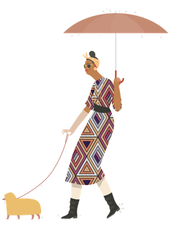 Girl walking with dog in rain  Illustration