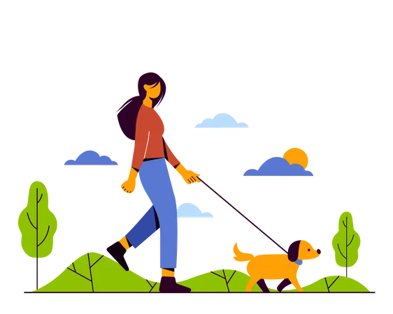 Girl walking with dog in the park  Illustration