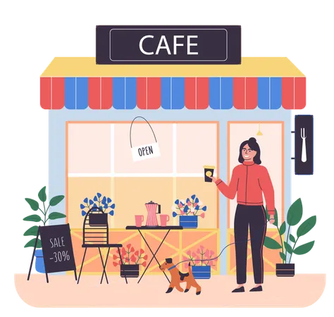 Girl walking with dog near street cafe  Illustration