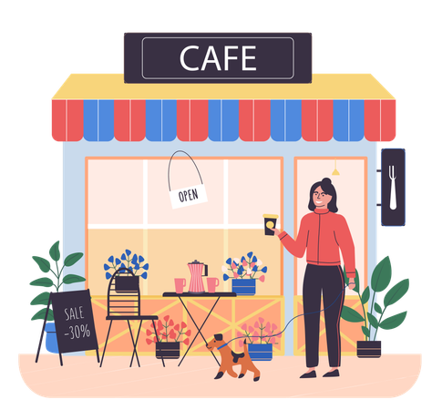 Girl walking with dog near street cafe  Illustration