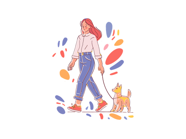 Girl walking with her Dog  Illustration