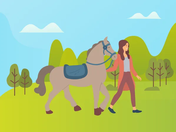 Girl walking with horse  Illustration