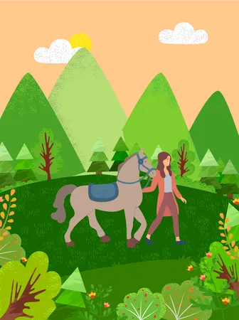 Girl Walking With Horse Illustration