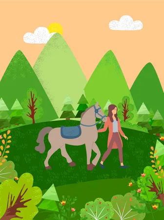 Girl Walking With Horse  Illustration