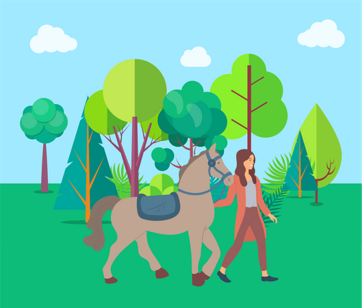 Girl Walking With Horse  Illustration