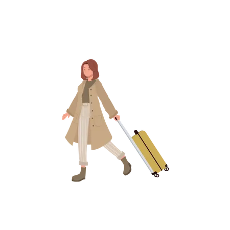 Travel And Adventure Tourists Vacation And Holiday Concept Girl Walking With A Luggage Bag Illustration