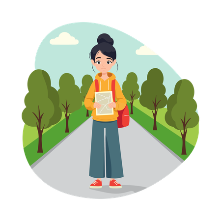 Girl Walking with Map  Illustration