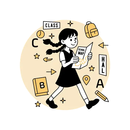 Girl Walking with Map to Her New Classroom  Illustration