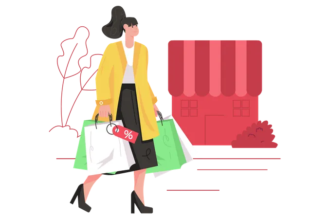 Shopping On Sales At Stores Modern Flat Concept Happy Woman Made Lot Of Purchases At Discount Prices And Walks With Bags Along Street Vector Illustration With People Scene For Web Banner Design Illustration
