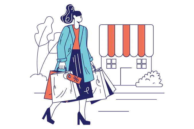 People Shopping Concept In Flat Line Design For Web Banner Woman Making Purchases And Walking With Shopping Bags Street Near Store Modern People Scene Vector Illustration In Outline Graphic Style Illustration