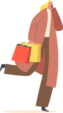 Cheerful Shopaholic Girl With Purchases In Colorful Paper Bags Speaking By Mobile Phone Isolated On White Background Happy Woman In Coat Holding Shopping Packages Cartoon Vector Illustration Illustration