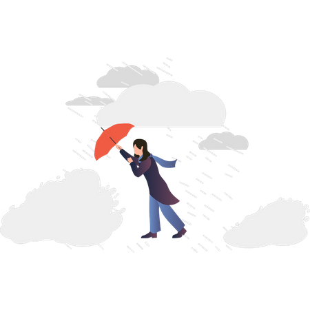 Girl walking with umbrella in heavy rain  Illustration