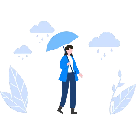A Girl With An Umbrella Is Walking In The Rain Illustration