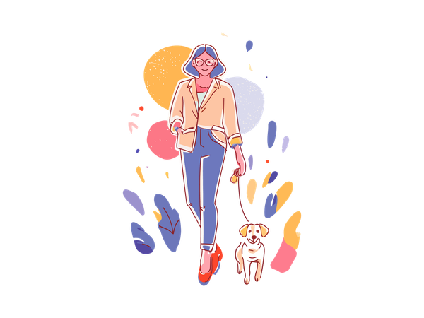 Girl walks in garden with pet dog  Illustration