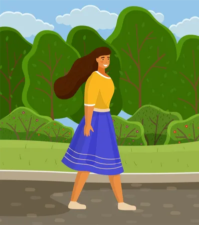 Young Girl In Blue Skirt And Yellow Blouse With Long Hair Walks In City Park Or Forest Green Trees Bushes Country Road Meadow Or Lawn To Walk Outside Countryside Flat Vector Illustartion Illustration
