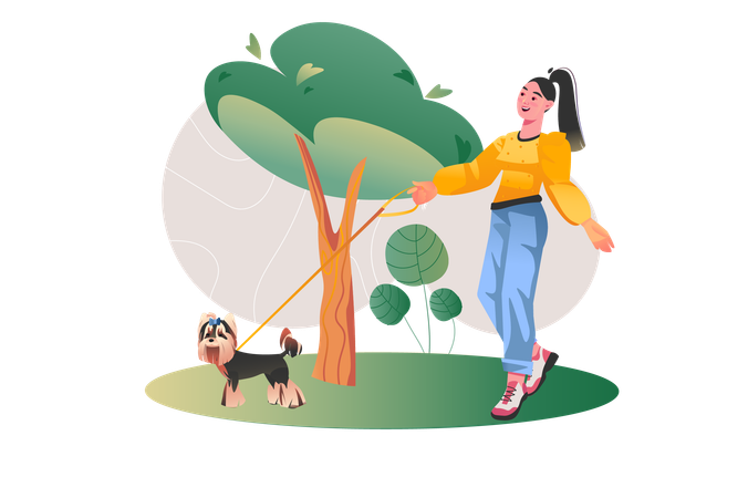 Girl walks with her dog in park  Illustration