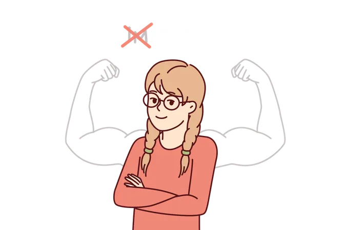 Proud Little Girl Stands With Arms Crossed Near Inscription Impossible Is Possible And Muscular Arms Drawn On Blackboard Schoolgirl Teenager Successfully Cope With Challenge And Gained New Knowledge Illustration