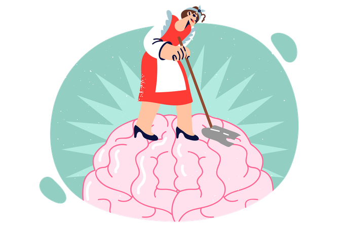 Girl washes brain to get rid of bad thoughts  Illustration