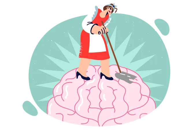 Maid Washes Brain With Mop Getting Rid Of Bad Thoughts Concept Mental And Psychological Hygiene Metaphor Of Meditations For Detoxification And Therapy With Psychotherapist To Help Cleanse Brain Illustration