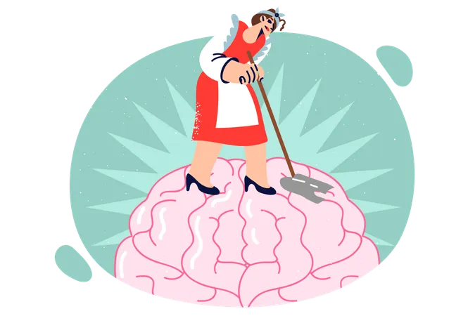 Girl washes brain to get rid of bad thoughts  Illustration