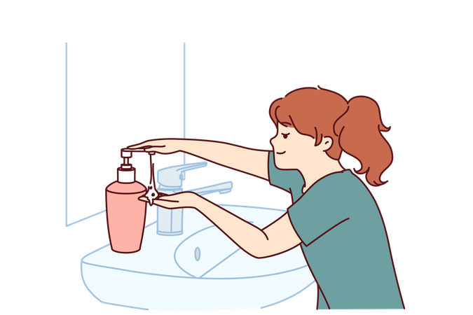 Girl washes her hand before eating  Illustration
