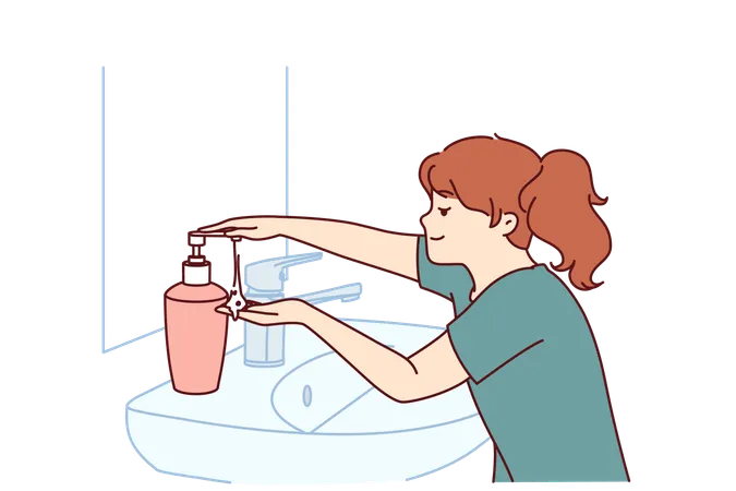 Little Girl Uses Liquid Soap To Wash Hands Standing Near Sink And Mirror In Bathroom Child Follows Hygiene Rules With Smile And Washes Hands With Soap After Coming Home From School Illustration