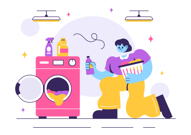 Girl washing clothes in Laundry Room  Illustration