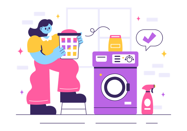 Girl washing clothes in Laundry Room  Illustration