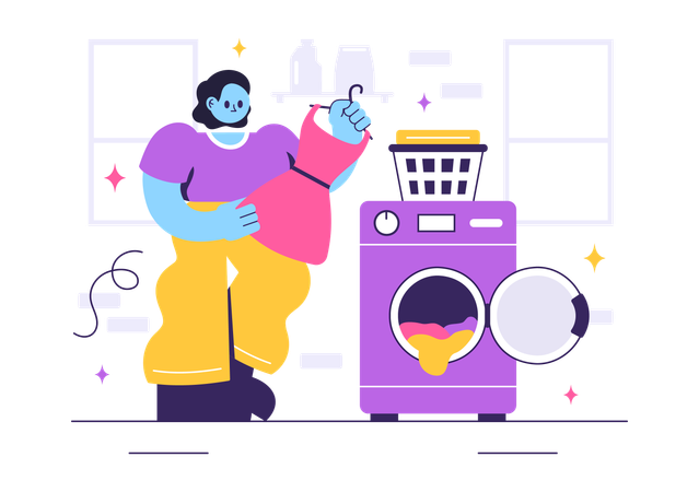 Girl washing clothes in Laundry Room  Illustration