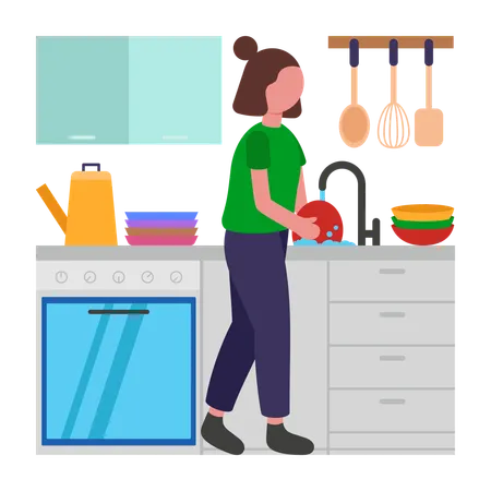 Girl washing dish at home  Illustration