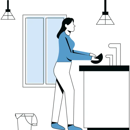 Girl Washing Dishes  Illustration