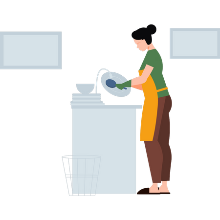 Girl washing dishes Illustration