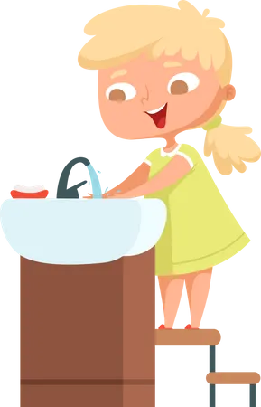 Girl washing hands at sink  Illustration