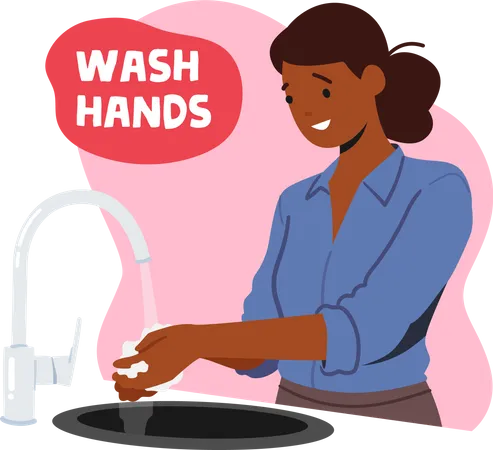 Health Care And Immunity Boost Concept With Happy Woman Washing Hands Hygiene Procedure Banner With Cheerful Black Female Character Wash Palms With Soap Under Water Jet Cartoon Vector Illustration Illustration