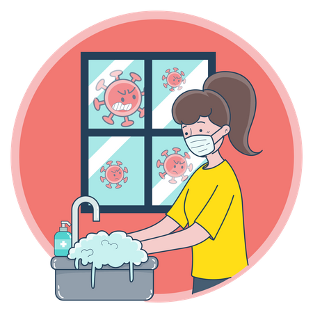 Girl washing hands to prevent covid spread Illustration