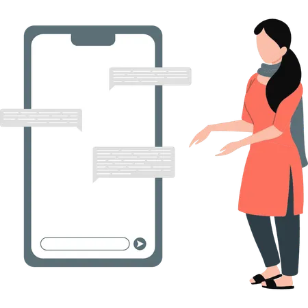 Girl Is Watching Chat On Mobile Phone Illustration