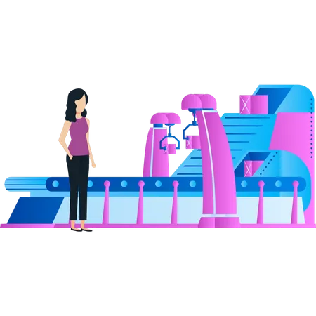 Girl watching conveyor production  Illustration