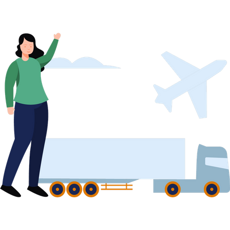 Girl watching flight over truck  Illustration