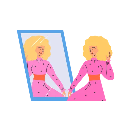 Girl watching in mirror while enjoying her reflection Love yourself  Illustration
