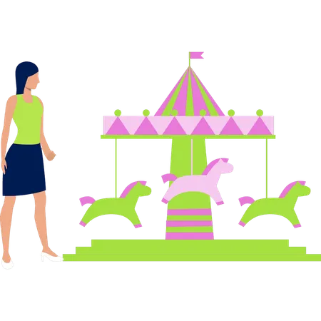 子供の馬のブランコを眺める女の子  イラスト