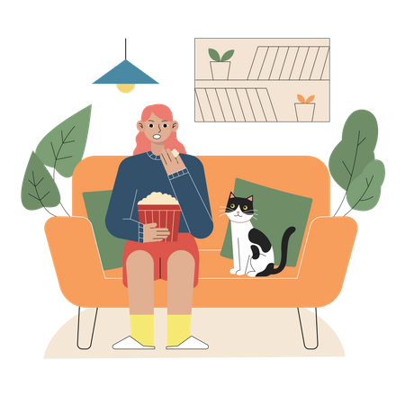 Girl watching movie with pet cat at home  Illustration