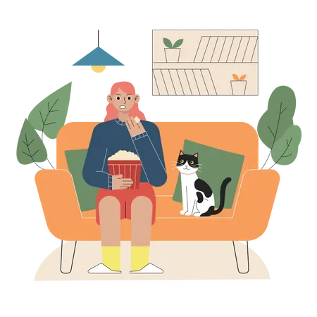 Girl watching movie with pet cat at home  Illustration