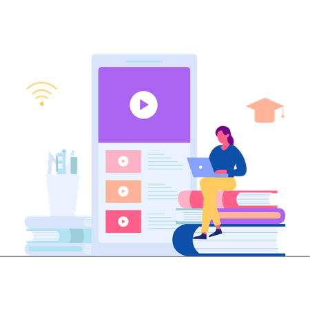 Girl watching online educational video  イラスト