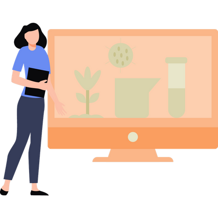 Girl watching plant experiments on monitor  Illustration