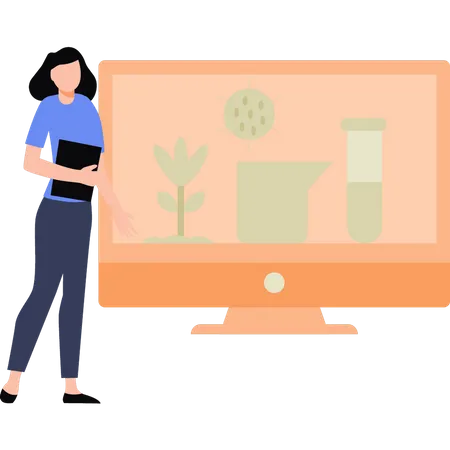 Girl watching plant experiments on monitor  Illustration